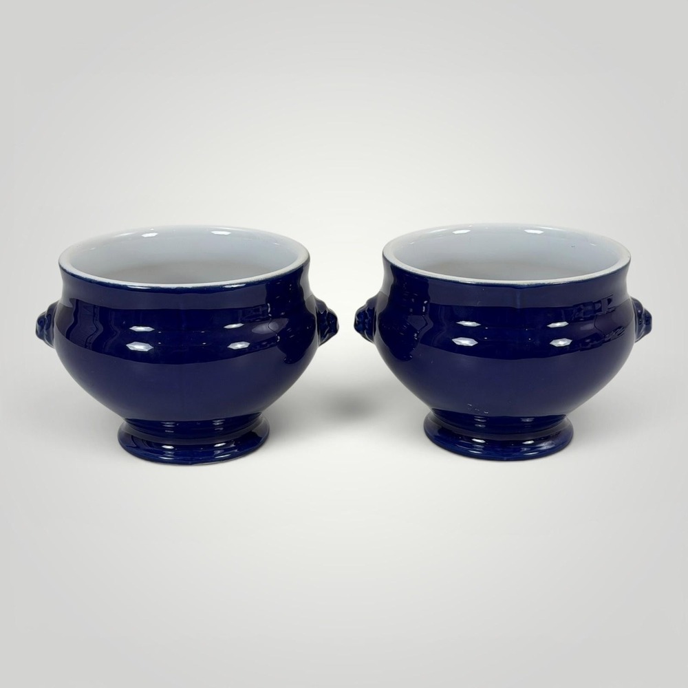 Emile Henry Lion Head French Onion Soup Bowls Set Of 2 Blue Stoneware France